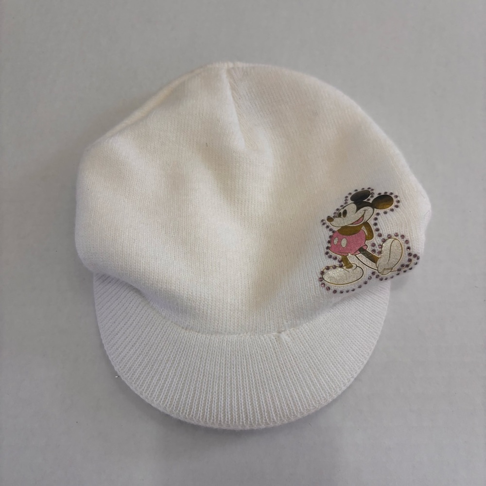 Disney Mickey Mouse White Knit Y2K Beanie Mcbling Newsboy Cap Womens One Size